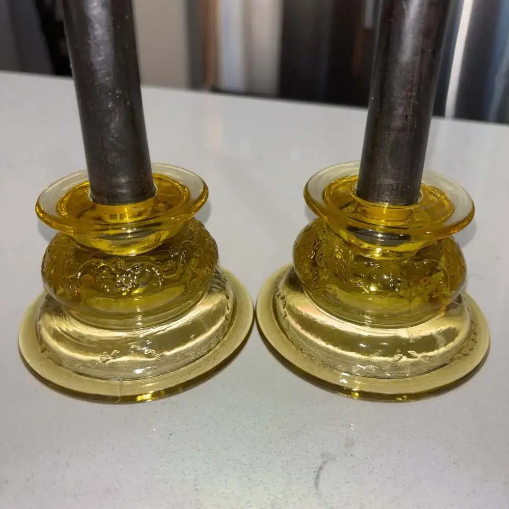 Vintage Federal Glass Madrid Amber Yellow Depression Glass Candle Holder Pair